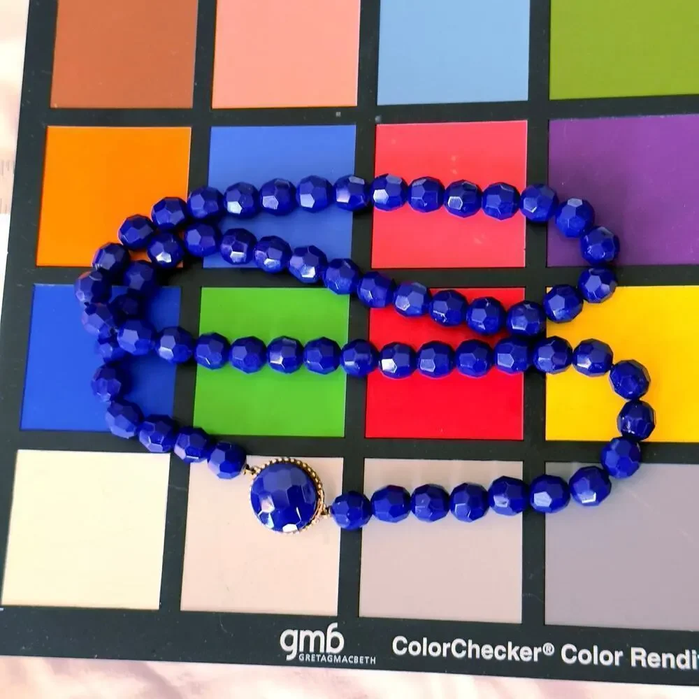 Vintage 24” Cobalt Blue Czech Glass Faceted Bead Necklace Marquise Clasp